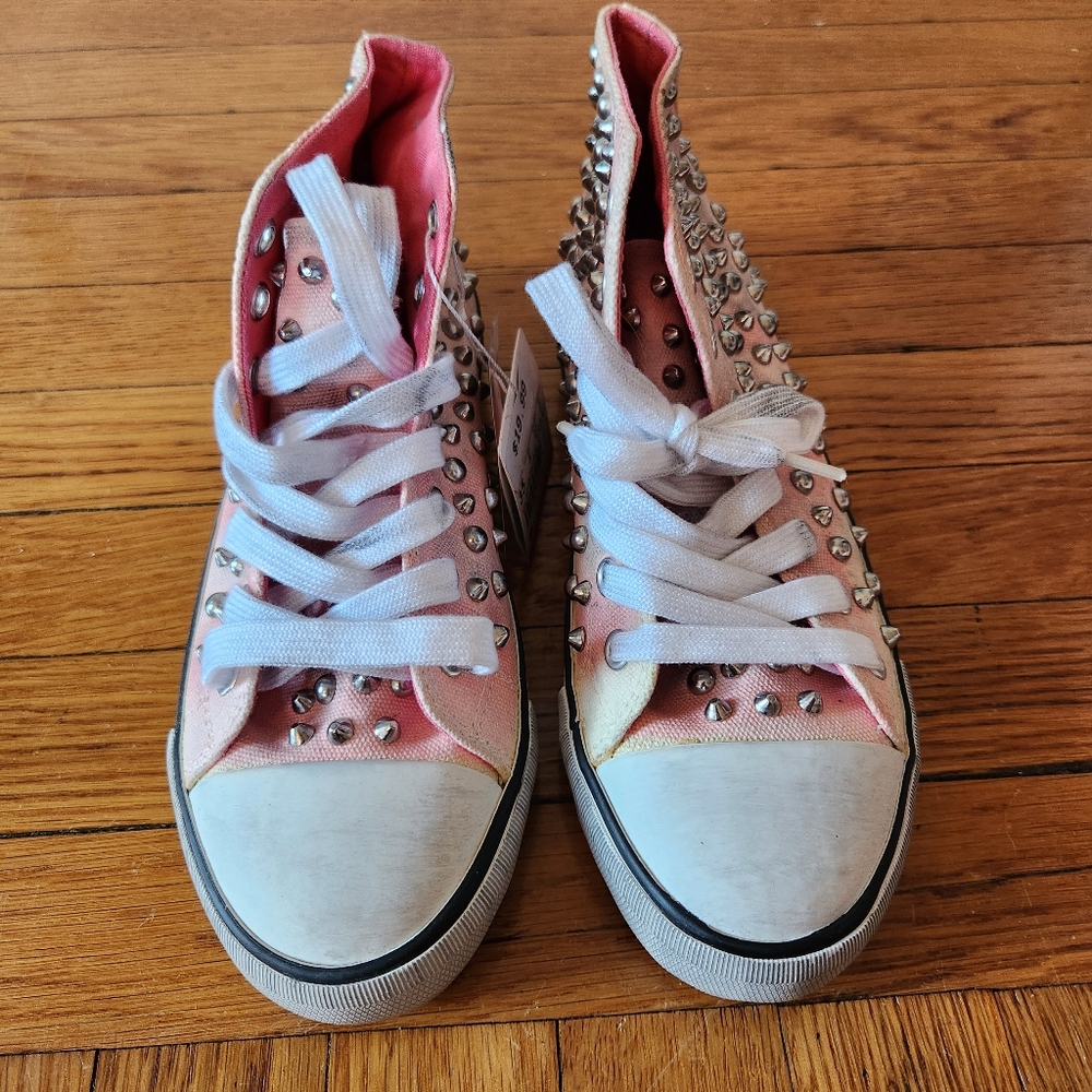 Zara Studded Pink Distressed Canvas Lace Up Sneakers - Picture 2 of 7